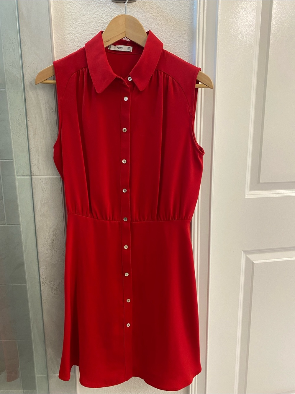Mango Red Sleeveless Button-Front Mini Dress with Point Collar